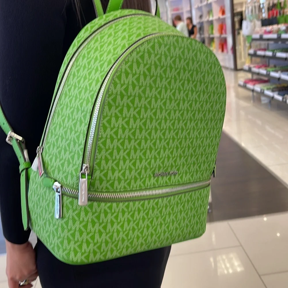 Michael Kors Rhea Medium Signature Logo Backpack Jungle Green NWT